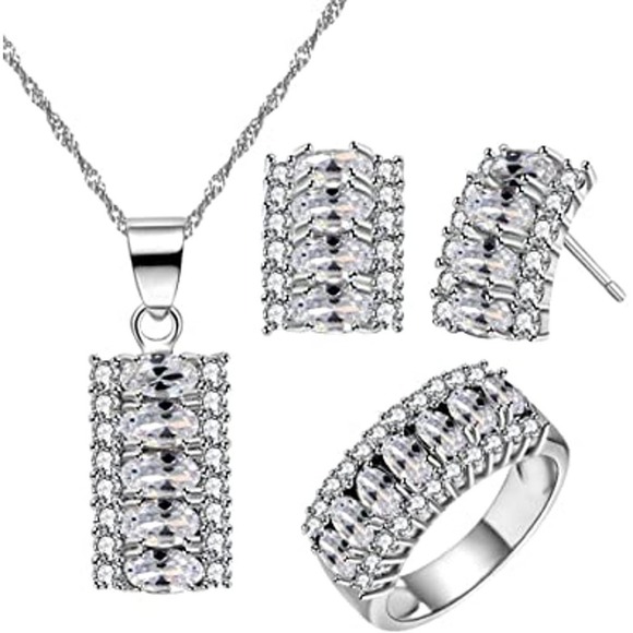 Crystal Necklace Earring Ring Set CZ Cubic Zircon Rhinestone Necklace Earrings - Picture 2 of 8